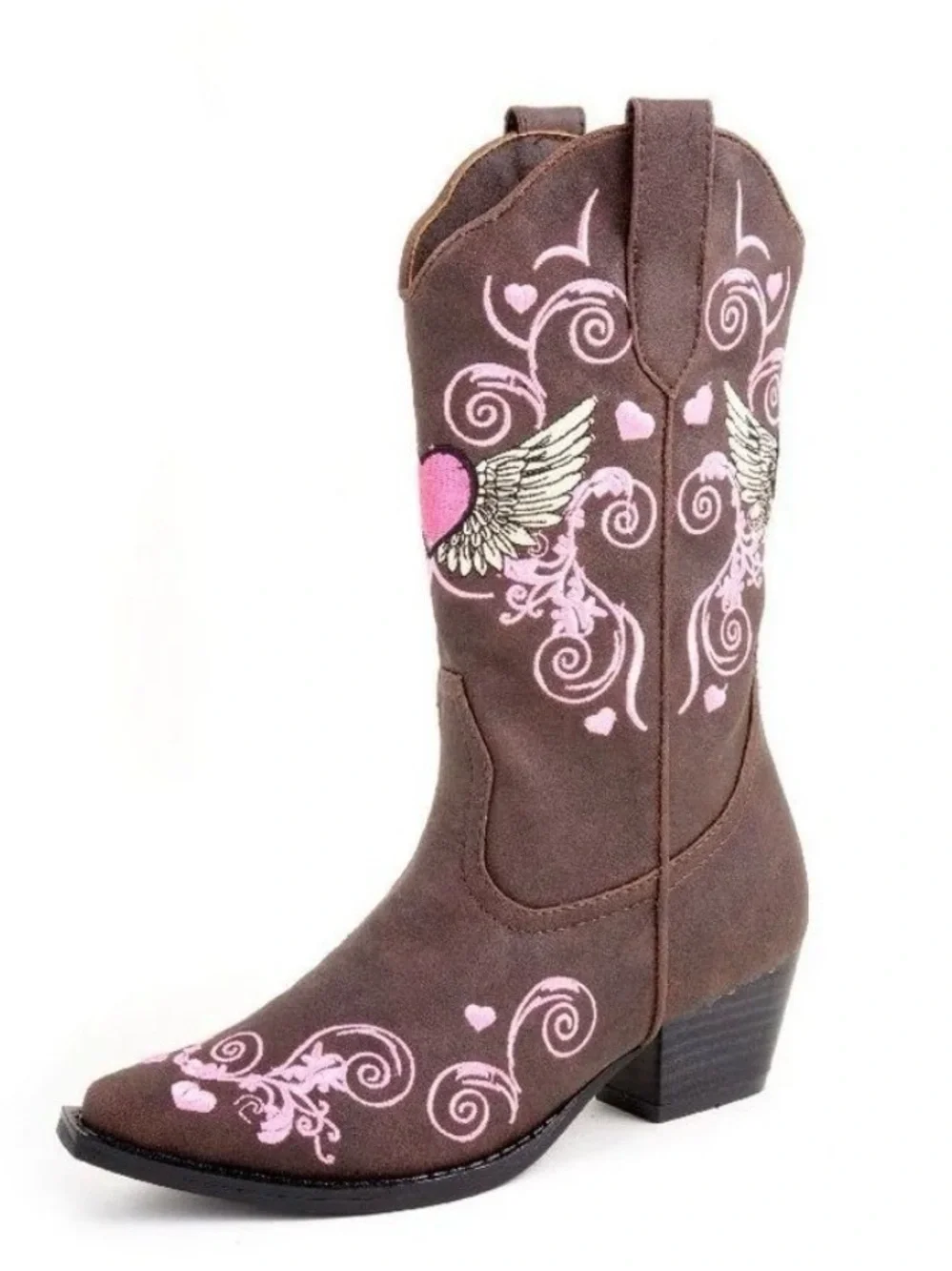 Roper Brown Kids Western Boots with Pink & White Wing Embroidery